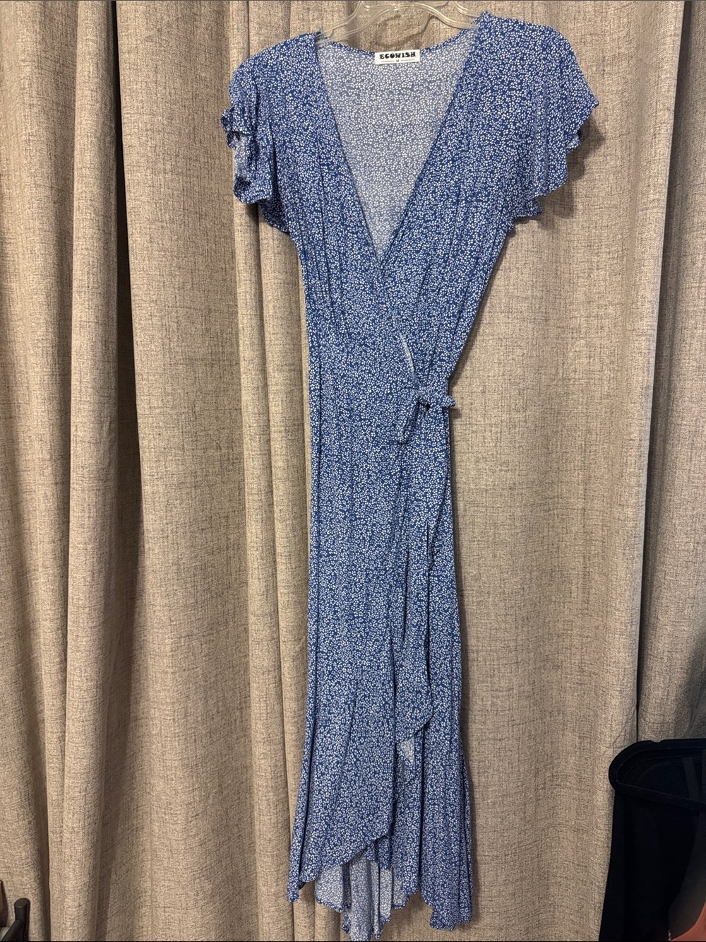 Ecowish Blue Floral Print Asymmetrical Wrap Dress, Sz M